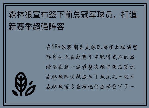 森林狼宣布签下前总冠军球员，打造新赛季超强阵容